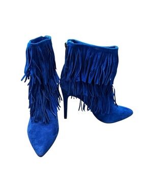 Steve Madden Blue Suede Fringe Ankle Boots Stiletto Heel Western Boho Size 7.5